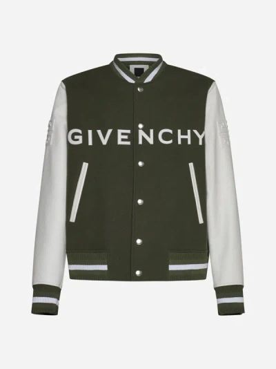 Givenchy Embroidered Logo Mixed Media Leather & Wool Blend Varsity Jacket In Khaki
