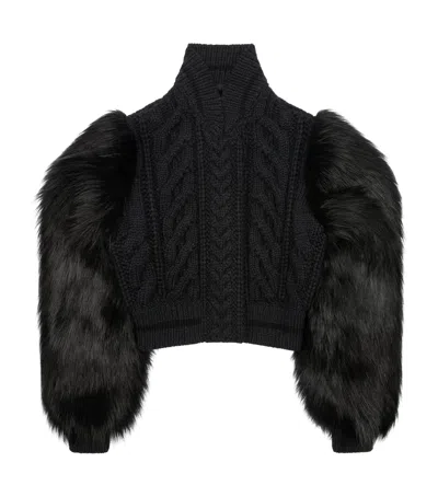 Givenchy Varsity Jacket In Cable Knit Wool And Faux Fur In Black