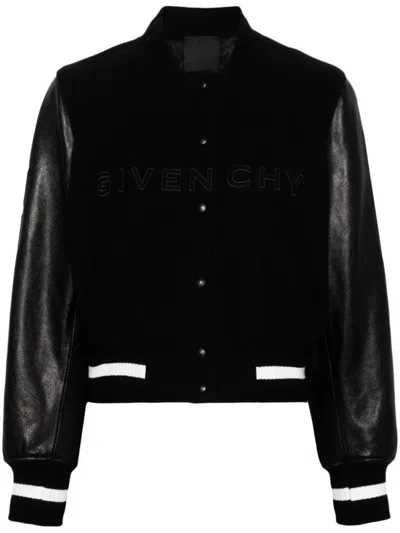 Givenchy Wool Blend Parka With Leather Sleeves And Iconic Branding In Black