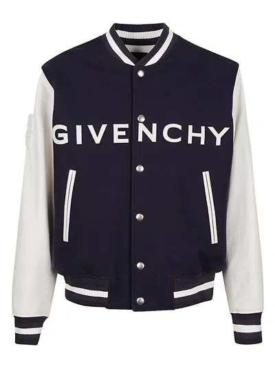 Givenchy Navy Blue And White Bomber Jacket In Wool And Leather In Black