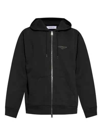 Givenchy Logo Stamp Zip-up Hooded Sweatshirt In Black