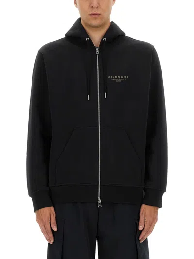 Givenchy Logo Stamp Zip-up Hooded Sweatshirt In Black