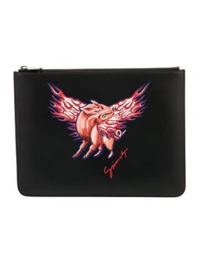 Pre-owned Givenchy Zodiac Pig Graphic Clutch In Black