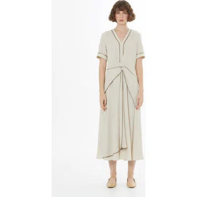 Gizia Beige Piped Detail Linen Maxi Dress In Neutral