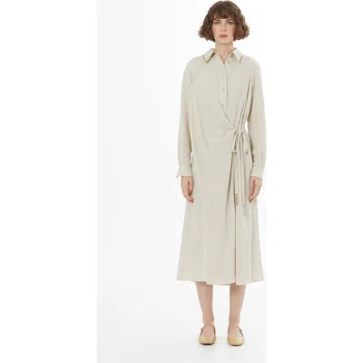 Gizia Beige Tie Detail Linen Midi Dress In Neutral