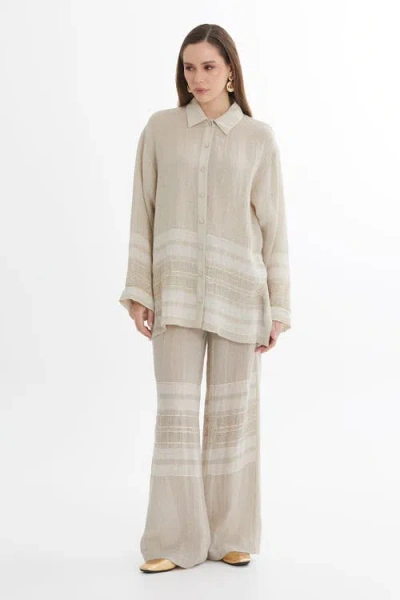 Gizia Beige Trim Detail Linen Shirt In Multi