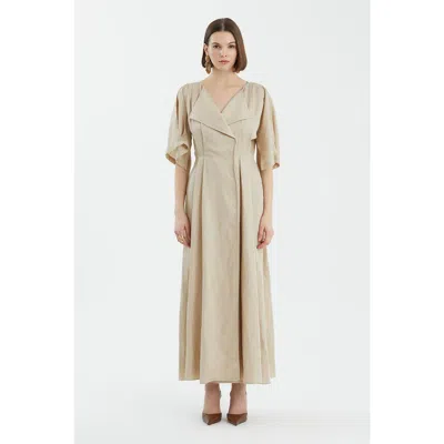 Gizia Beige Wrap Pleated Dress In Brown