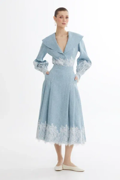 Gizia Blue Lace Trim Linen Midi Skirt