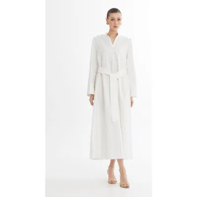 Gizia Ecru Bone Button Detail Midi Dress With Beaded Belt In White