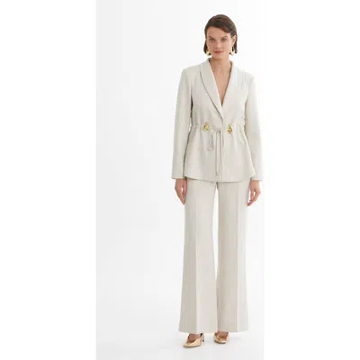 Gizia Ecru Shawl Collar Drawstring Waist Blazer And Pants Set In White