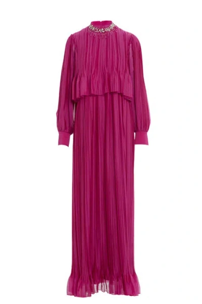 Gizia Embroidered Collar Pleated Maxi Light Violet Dress In Pink