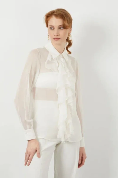 Gizia Front Ruffle Transparent Off-white Shirt In Neutral