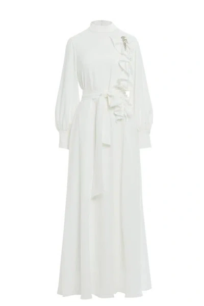 Gizia Gathered Detail Beaded Long Unlined Dress In White