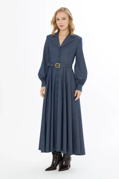 Gizia Long-sleeve Collared Button Belted Maxi Dress In Blue