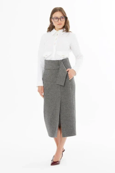 Gizia Pencil Skirt With Slit And Belt Detail In Gray