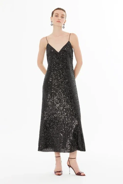 Gizia Spaghetti Strap V-neck Satin Dress In Black