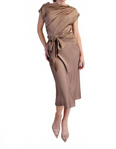 Glam Asymmetrical Waist Tie Midi Dress In Mocha In Brown