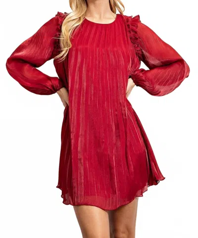 Glam Ava Long Sleeve Pleated Shift Mini Dress In Burgundy In Red