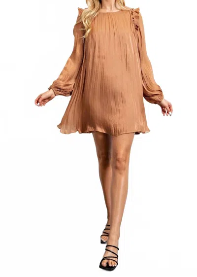 Glam Ava Long Sleeve Pleated Shift Mini Dress In Camel In Brown