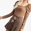 Glam Bonnie Ruched Puff Sleeve Bodysuit In Mocha In Brown