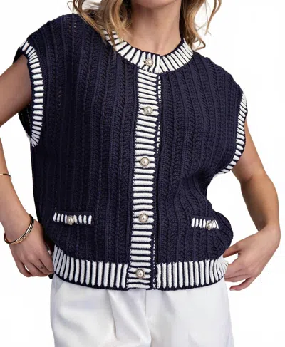 Glam Button Down Stripe Sweater Vest In Navy In Blue