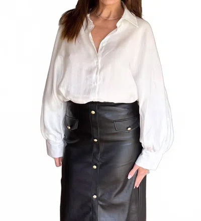 Glam Button Front Long Sleeve Blouse In White Opal