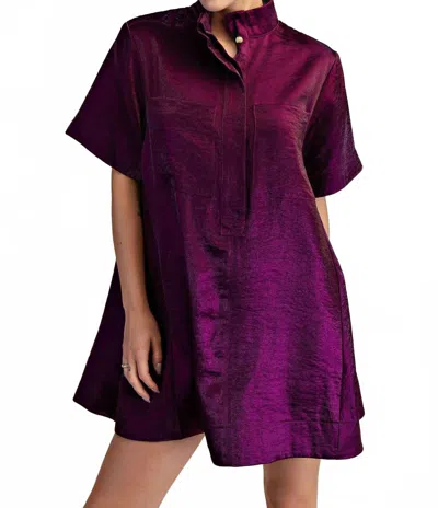 Glam Button Front Short Sleeve Mini Dress In Plum In Purple