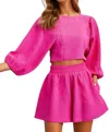 Glam Catalina Round Neckline Balloon Sleeve Top & Short Set In Magenta In Pink
