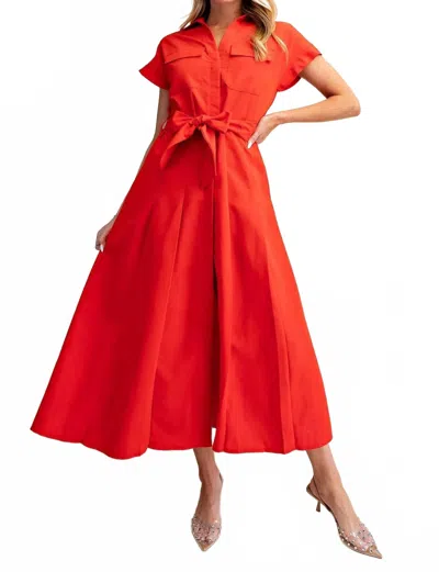 Glam Collar V-neck Button Down Midi Dress In Red