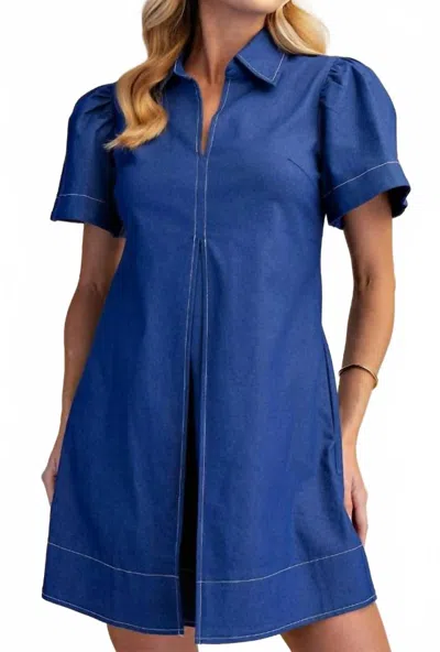 Glam Collar V-neck Pleated Mini Dress In Indigo In Blue