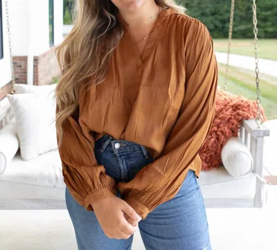 Glam Color Metallic Long Sleeve Blouse In Caramel In Brown