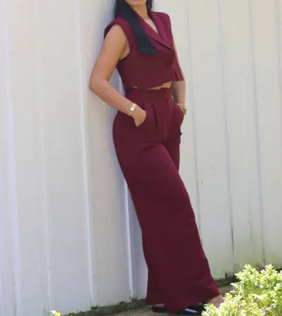 Glam Cropped Vest & Pants Set In Burgundy In Red