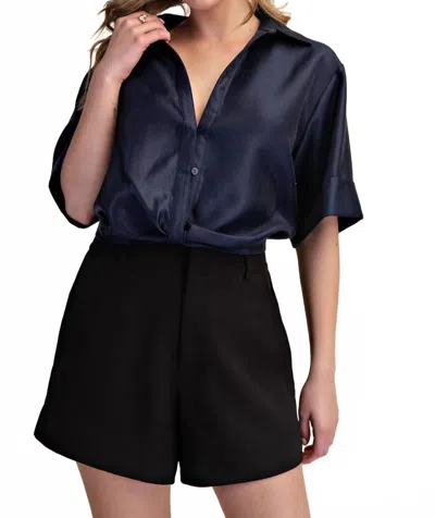 Glam Deep Neck And Lapel Collar Short Sleeve Shirt In Navy In Blue