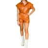 GLAM FAUX LEATHER ROMPER IN CAMEL