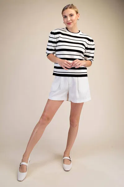 Glam French Stripe Short Sleeve Sweater In Black/ White In Multi