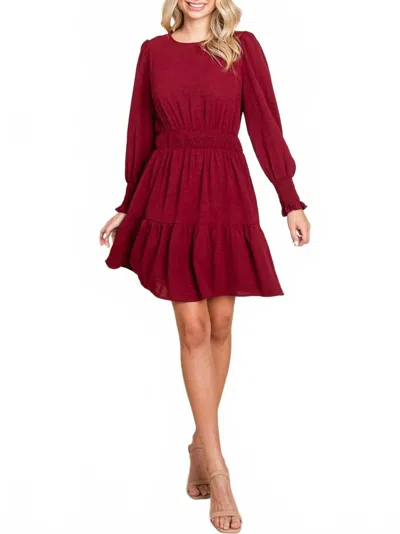 Glam Gabbie Long Sleeve Tiered Mini Dress In Burgundy In Red