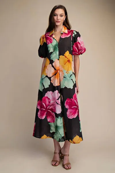 Glam Hibiscus Collar Dress In Black Multi