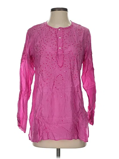 Pre-owned Glam Long Sleeve Silk Top Pink Keyhole Neckline Tops