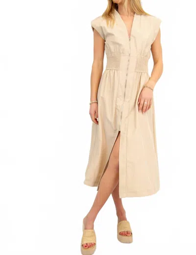 Glam Madelyn Deep V Zipper Front Midi Dress In Taupe In Brown