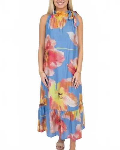 Glam Morris Ruffle Neck Midi Floral Dress In Blue Multi