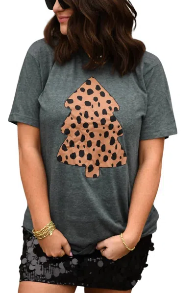 Glam N Go Boutique Leopard Christmas Tree Tee In Heather Green