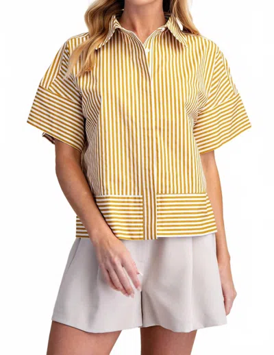 Glam Neck Band Short Sleeve Button Down Top In Yellow