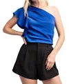 Glam One Shoulder Satin Blouse In Royal Blue In Blue