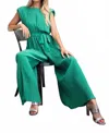Glam Pleated Summer Deep V-cut Back Jumpsuit In Green In Gray