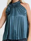 GLAM PLEATED TIE BLOUSE IN TEAL