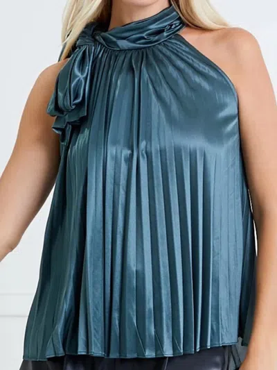 Glam Pleated Tie Blouse In Teal In Blue