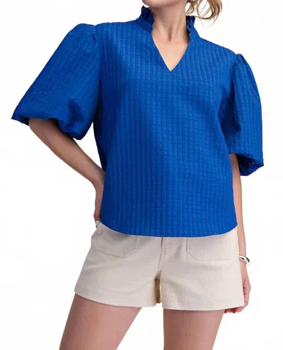 Glam Puff Sleeve Ruffled Neck Textured Fabric Top In Royal In Blue