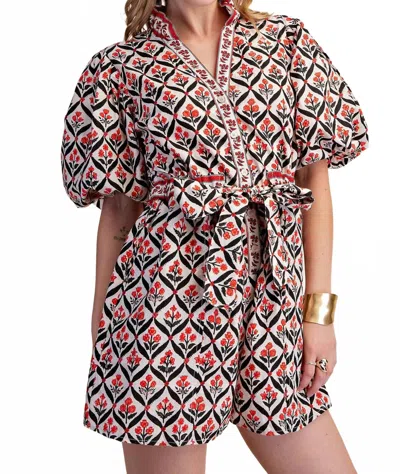 Glam Ruffle Neck Romper In Red