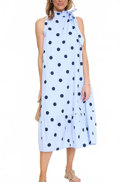 Glam Ruffle Neck Tie Sleeveless Midi Dress In Blue Polka-dot In Multi