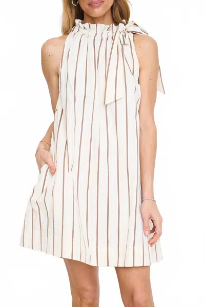 Glam Ruffle Neck Tie Sleeveless Mini Dress In Taupe Stripe In Multi
